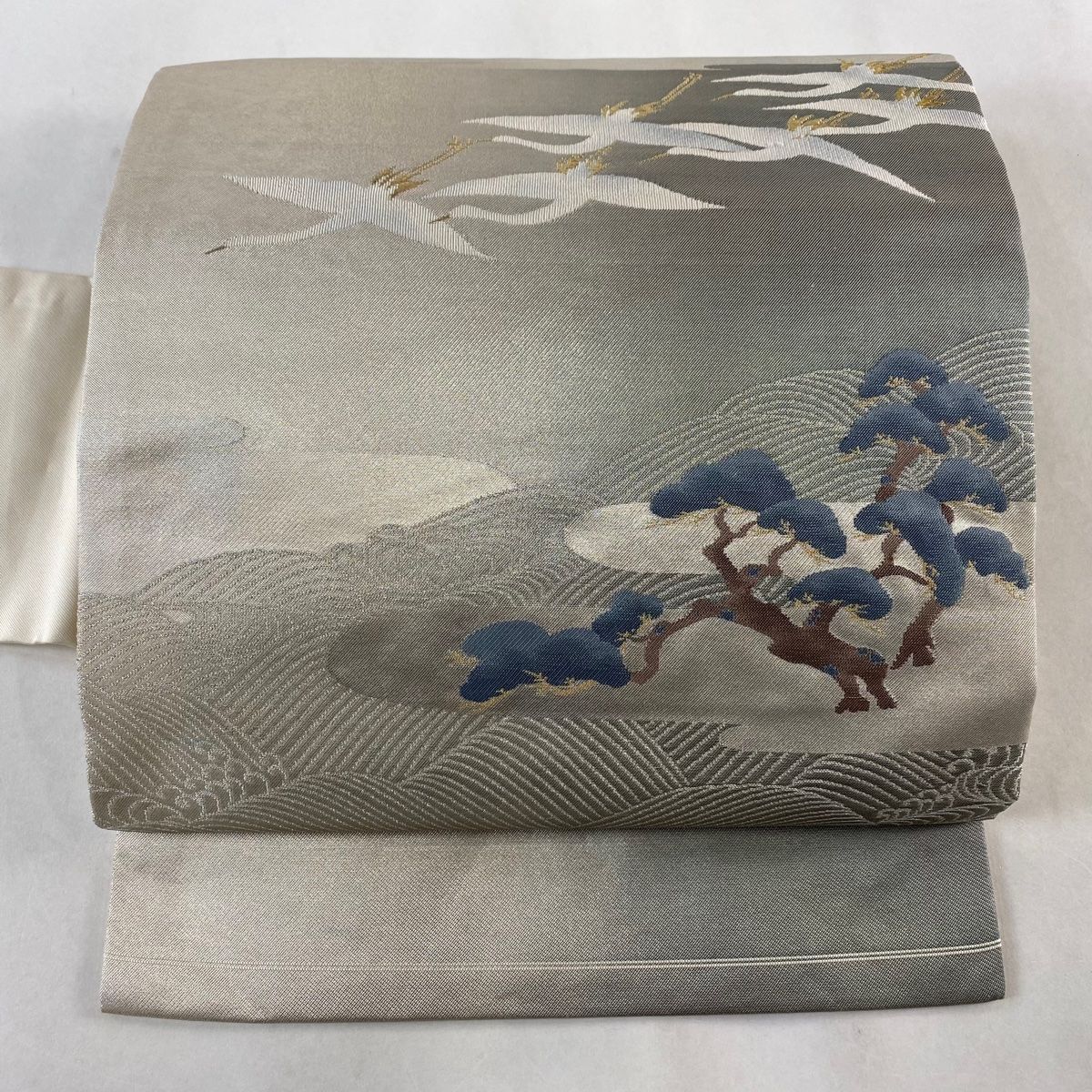 アンティーク 名古屋帯 丸に鳥や獅子 金銀糸 碧色 PO-3144