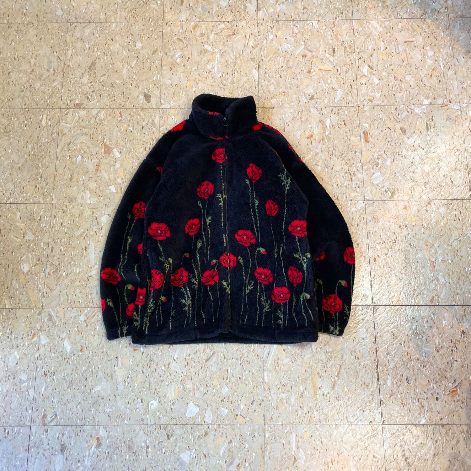 90s USA製　MAZMANIAマズマニア　フリースジャケット　サイズL薔薇 90s USA製 【MAZMANIA】 マズマニア バラ フラワー フルジップ
