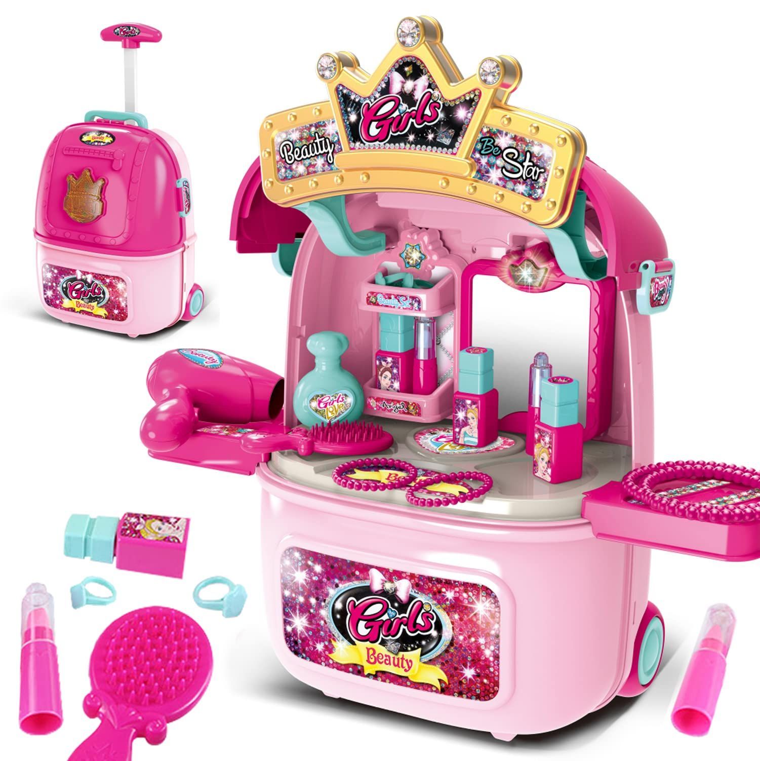 CORPER TOYS おままごと メイクおもちゃ メイクおセット 女の子 お化粧おもちゃ ドレッサーおもちゃ 美容師 化粧道具 ごっこ遊び 鏡台おもちゃ クリスマス プレスレット キャリーバックタイプ
