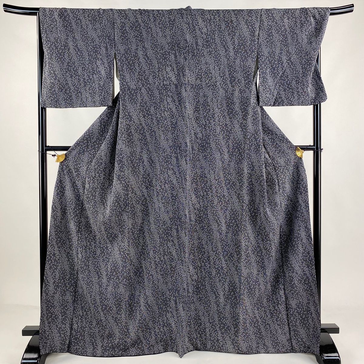 小紋 身丈168.5cm 裄丈69cm L 袷 小花 墨色 正絹 名品
