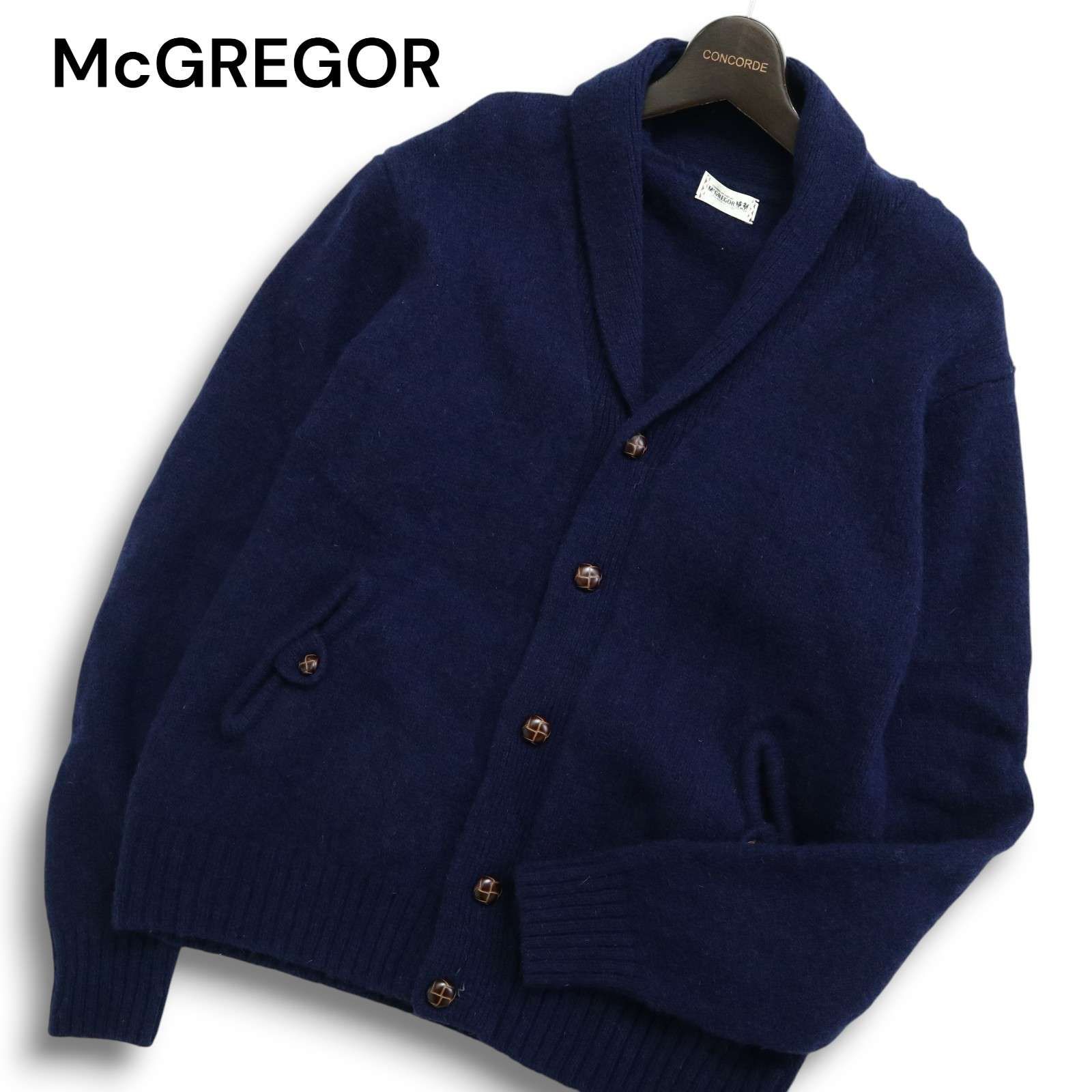 papas+ ネイビー ショールカラー ストライプ カーディガン ウール100%