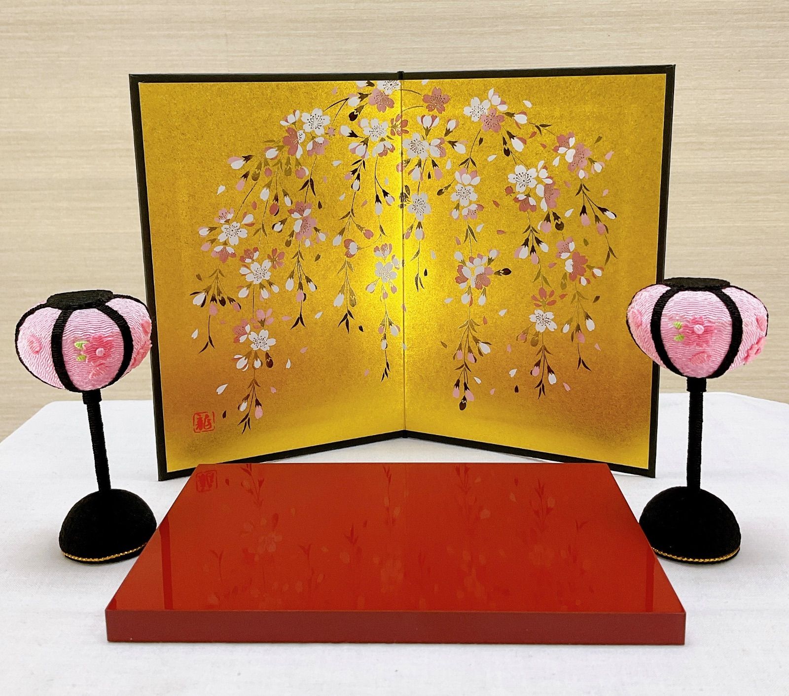 雛飾り 桜金屏風 高さ15cm＆桜ぼんぼり一対 ひな祭り 初節句 3月 新品