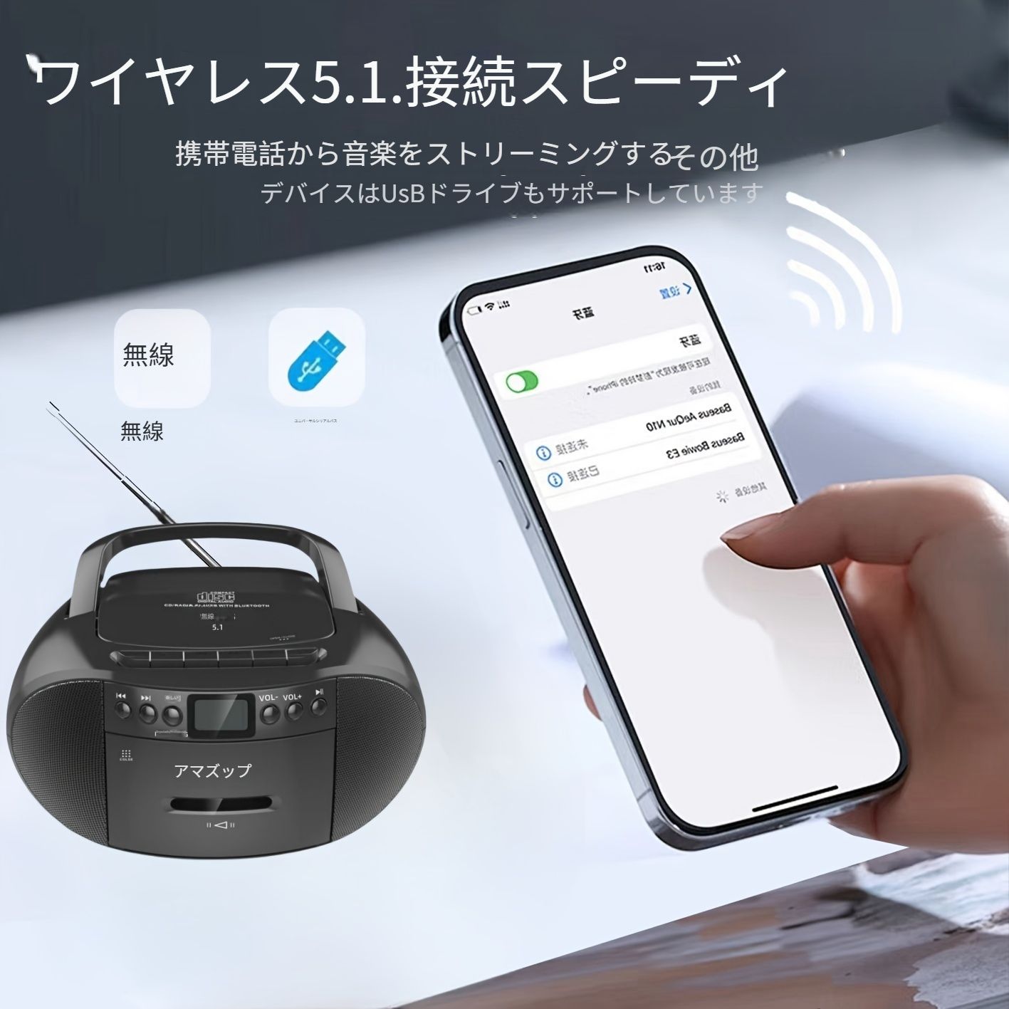 多機能CDプレーヤーワイヤレス接続USB再生ステレオデュアルスピーカーAM|FMラジオカセット再生ポータブルステレオステレオヘッドフォンインターフェースリモコンA-Bリピート録音機能nMe