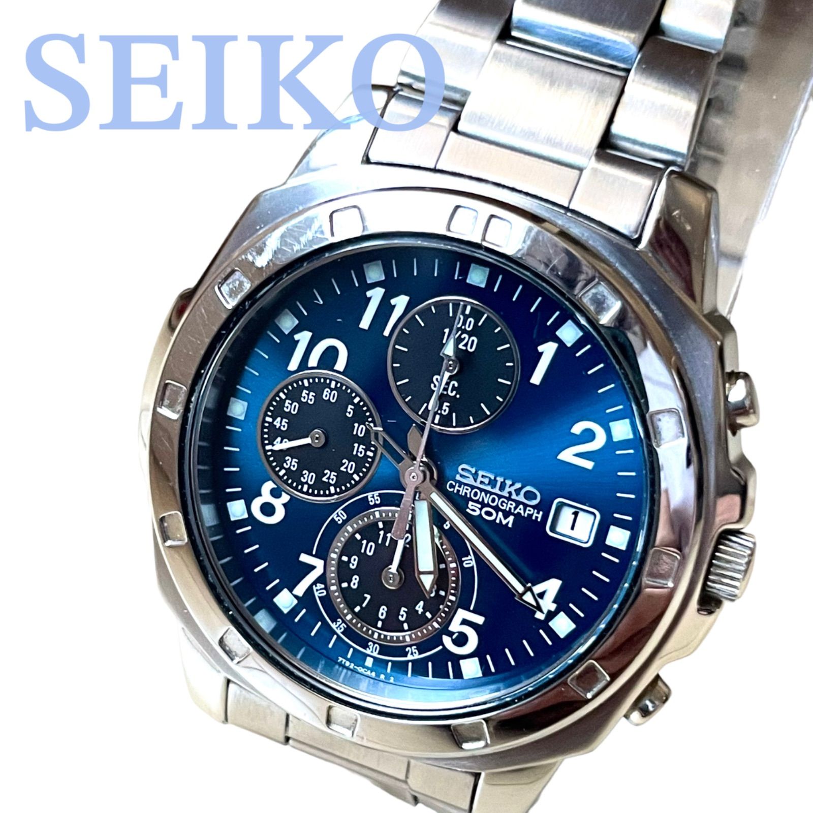 SEIKO セイコー アナログ時計 腕時計 メンズ クロノグラフ 多針 青文字 