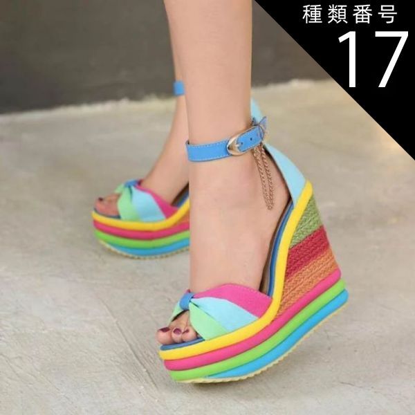 レインボーカラー ビタミンカラー ボヘミアン シューズ サンダル レディースサンダル 厚底サンダル ヒールサンダル 厚底 アンクルストラップ ベルト チャーム 脚長 かわいい きれいめ カジュアル おしゃれ お洒落 レトロ ラブリー キュート ガーリー 女っぽ 個性的 クール 種類17：ブルー/36 レインボーカラー ビタミンカラー ボヘミアン