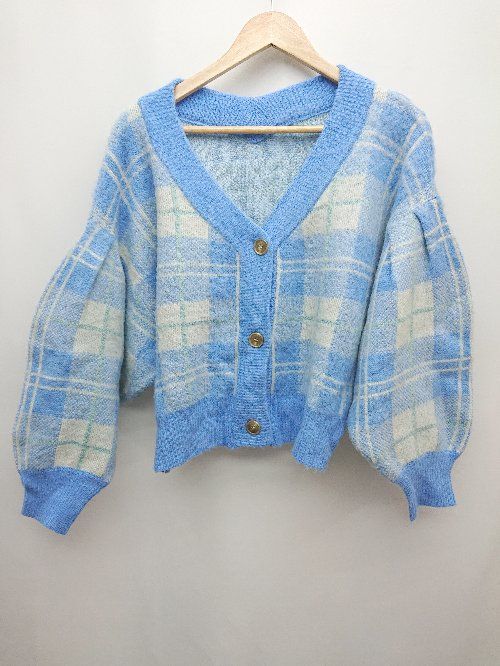 merlot メルロー ストライプ 秋冬 長袖 ニット カーディガン ライトブルー レディース P 1310020014369