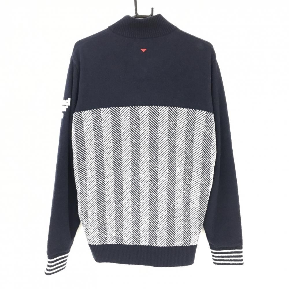 アンパスィ ニットジャケット ネイビー×白 前身頃ヘリンボーン柄 裏地