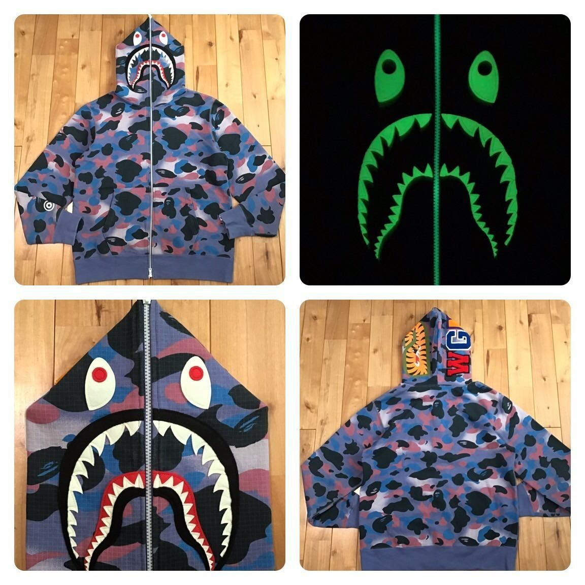 ★蓄光★ Grid Camo SHARK FULL ZIP HOODIE Lサイズ a bathing ape BAPE シャーク パーカー エイプ  ベイプ アベイシングエイプ 迷彩