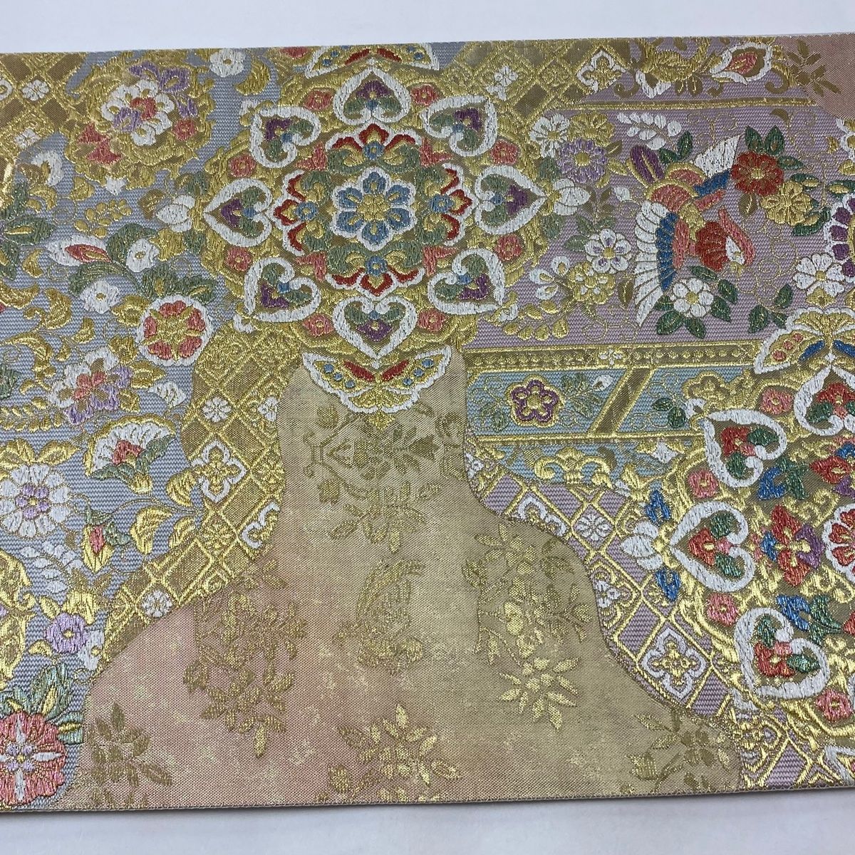 袋帯 美品 華文 花鳥 金糸 箔 金色 六通 正絹 袋帯 美品 秀品 華文 花鳥 箔 金糸 金色 六通 正絹 【中古