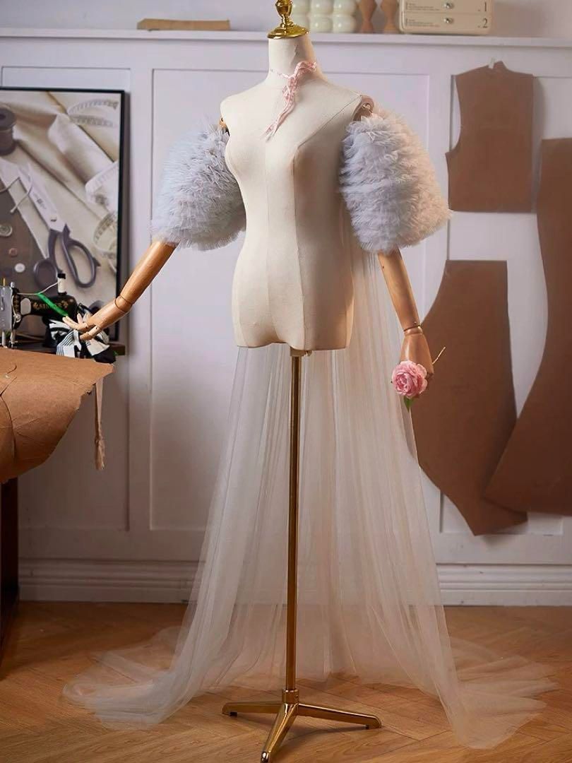  25年 フリルがゴージャスなソフトチュールのロングショール ブライダルケープ ショール ブライダル小物