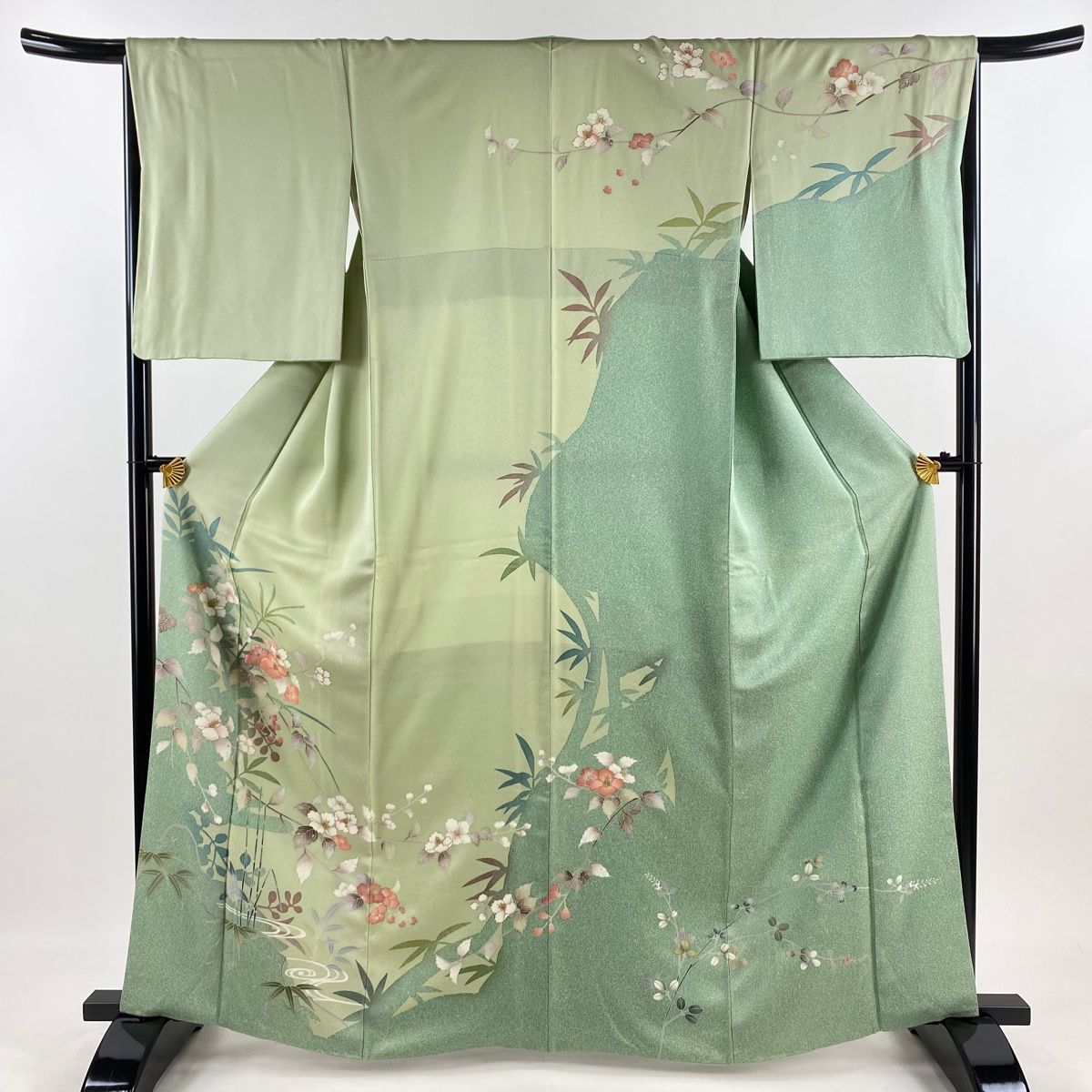 訪問着 身丈164cm 裄丈66.5cm M 袷 枝花 シルエット 金彩 薄緑 正絹 名品