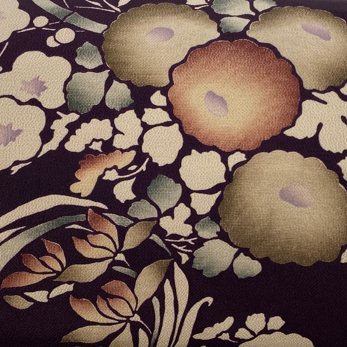 名古屋帯 秀品 菊 花丸文 縮緬 濃紫 正絹