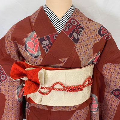 409aa25◇アンティーク着物 銘仙 菱文 花 大正ロマン 昭和レトロ