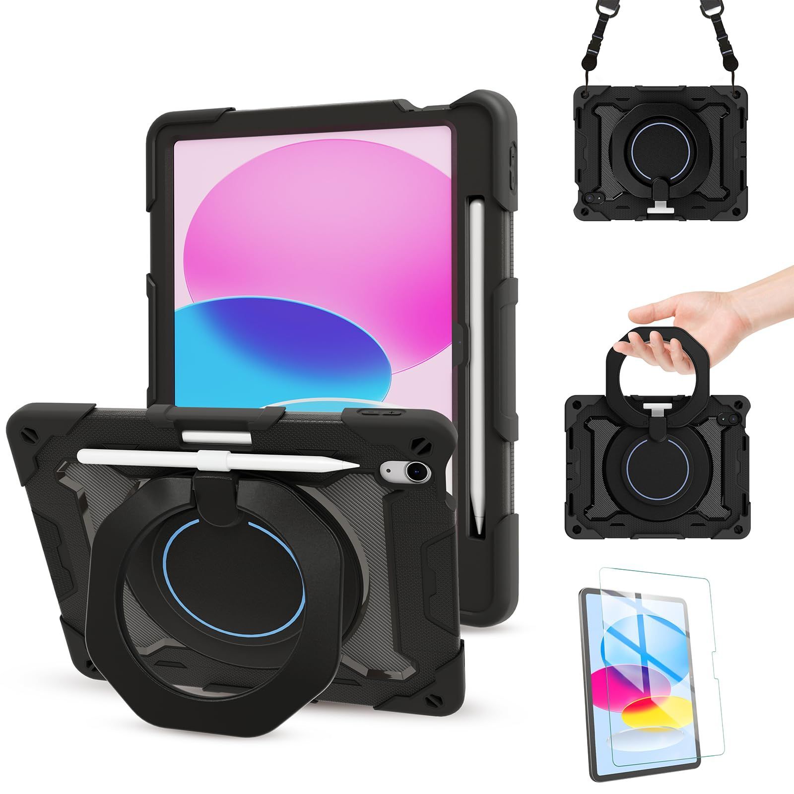新品 ACEMO iPad 10世代 ケース 耐衝撃 iPad 第10世代 ケース 保護フィルム付き 360回転スタンド 三層保護 横置き 縦置き 頑丈 ショルダーストラップ ペン収納付き 傷防止 現場 子ども 多機能 黒