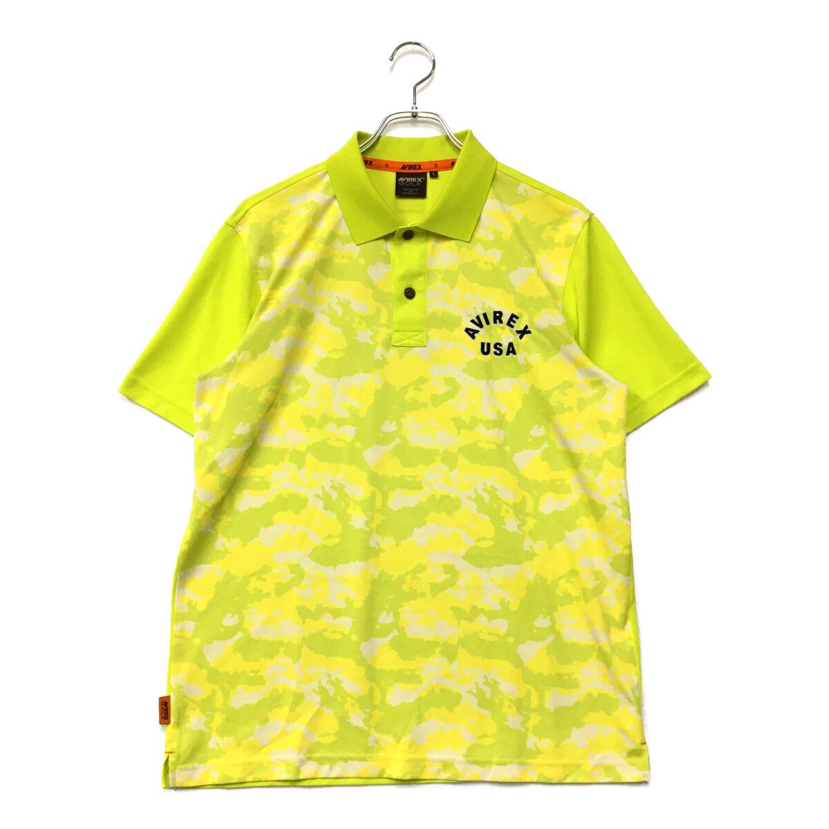 中古 メンズ アヴィレックスゴルフ AVIREX GOLF 半袖ポロシャツ L ライムグリーン 迷彩 カモフラ