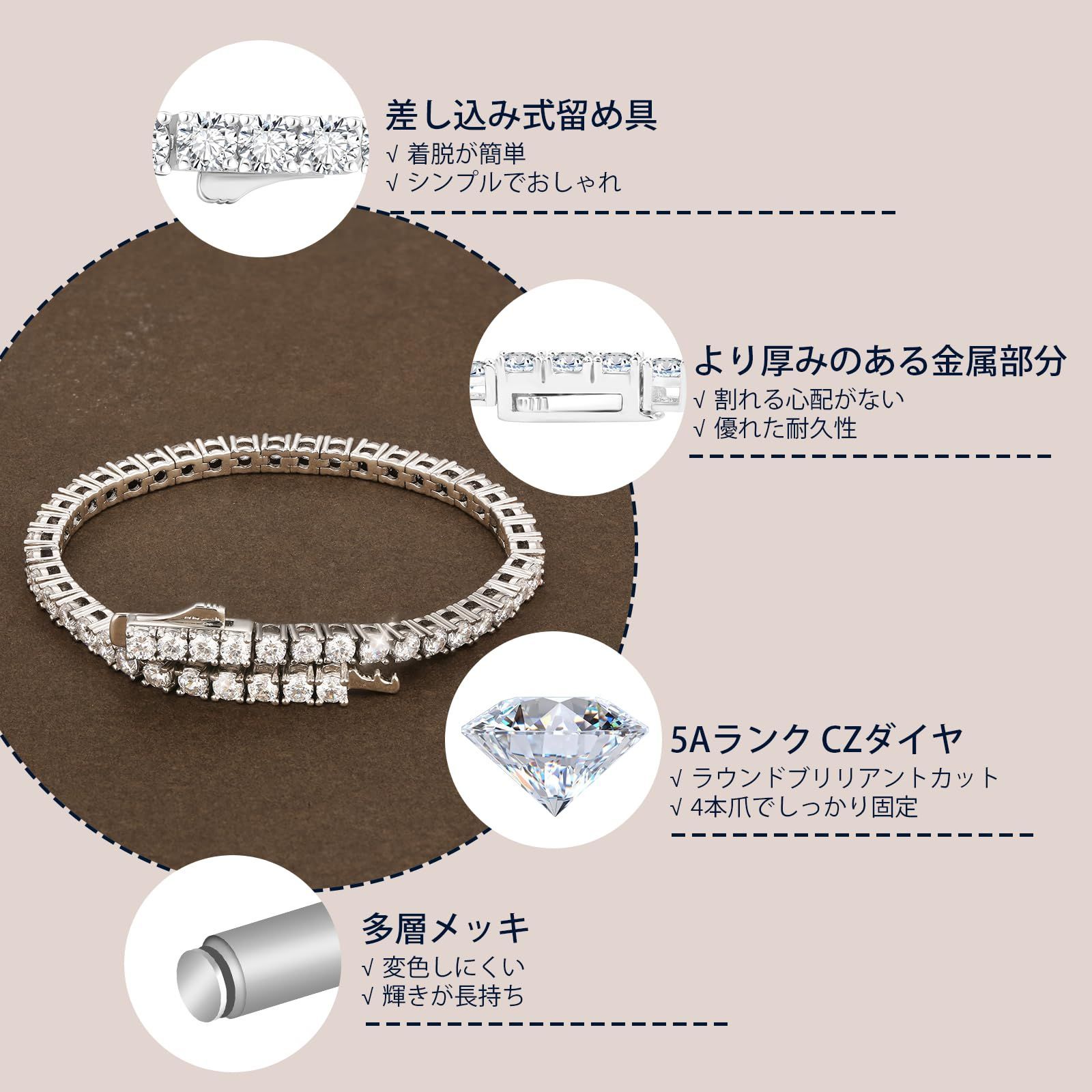 KRKC&CO テニスブレスレット ジルコニア メンズ ブレスレット 3/4/5mm 
