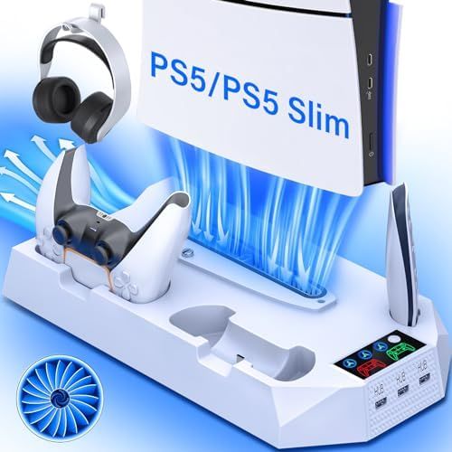 PS5スリムスタンドと冷却ステーション PS5コンソール-プレイステーション5用スリム冷却スタンド PS5ディスク|デジタル版デュアルPS5コントローラー充電器ベース PS5アクセサリー ターボファン|3USBハブ|ヘッドセットホルダー