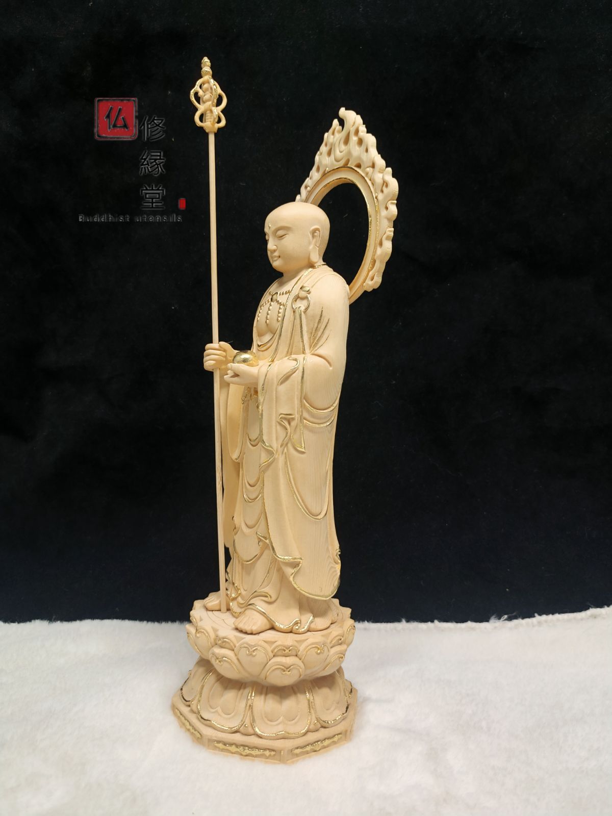 修縁堂】珍品 木彫仏像 地蔵王菩薩立像 本金 切金 彫刻 一刀彫 天然木檜材