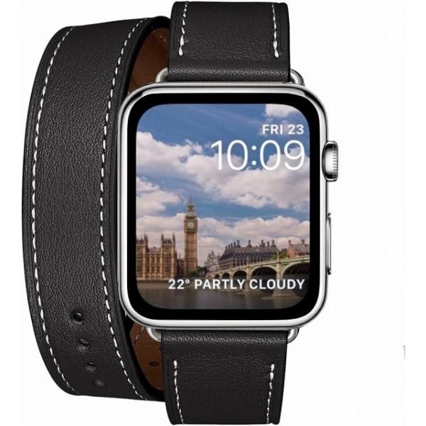 Apple Watch バンド アップルウォッチ バンド(42/44/45/49mm， 二重巻き型 ブラック +シルバーバックル)