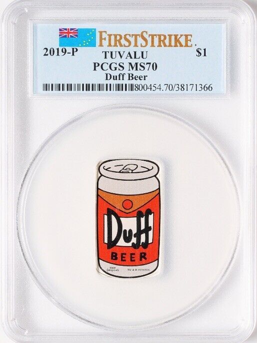 2019 The Simpsons DUFF BEER Tuvalu 1 oz Fine SILVER $1 0.9999 Coin FS PCGS MS70
