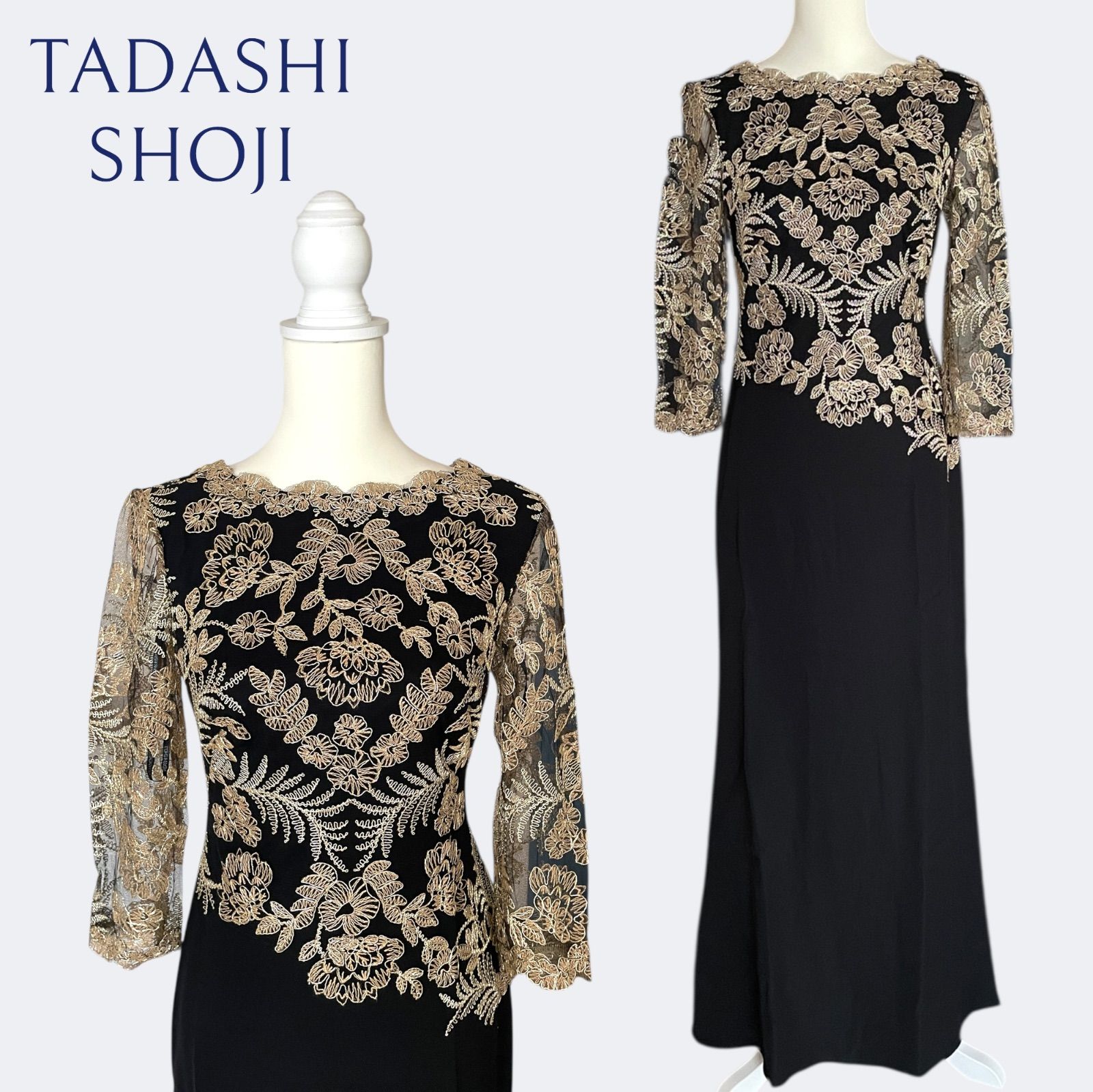 新品◇TADASHI SHOJI タダシショージ 上品ゴールドお花刺繍レース 