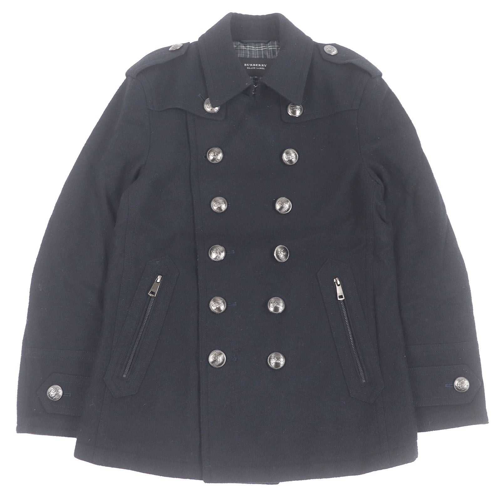 □BURBERRY BLACK LABEL バーバリーブラックレーベル ロゴシルバーボタン 中綿入り ナポレオンジャケット ピーコート ネイビー M 正規品 メンズ
