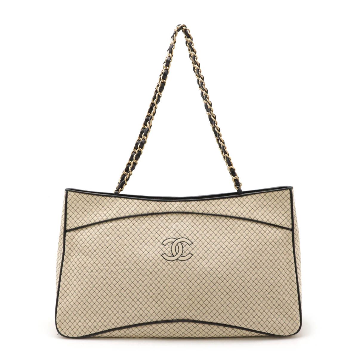CHANEL シャネル マイクロマトラッセ ココマーク トートバッグ チェーンショルダー ショルダーバッグ ジャージー レザー アイボリー ゴールド金具