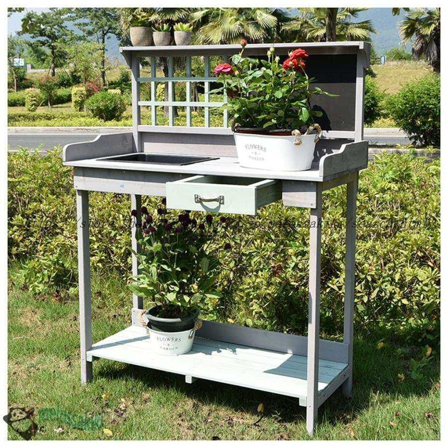36 木製ガーデンポッティングベンチ作業台屋外ガーデン作業台テーブル裏庭バルコニーパティオ用作業台植栽トラフ付き隠し収納引き出し下部