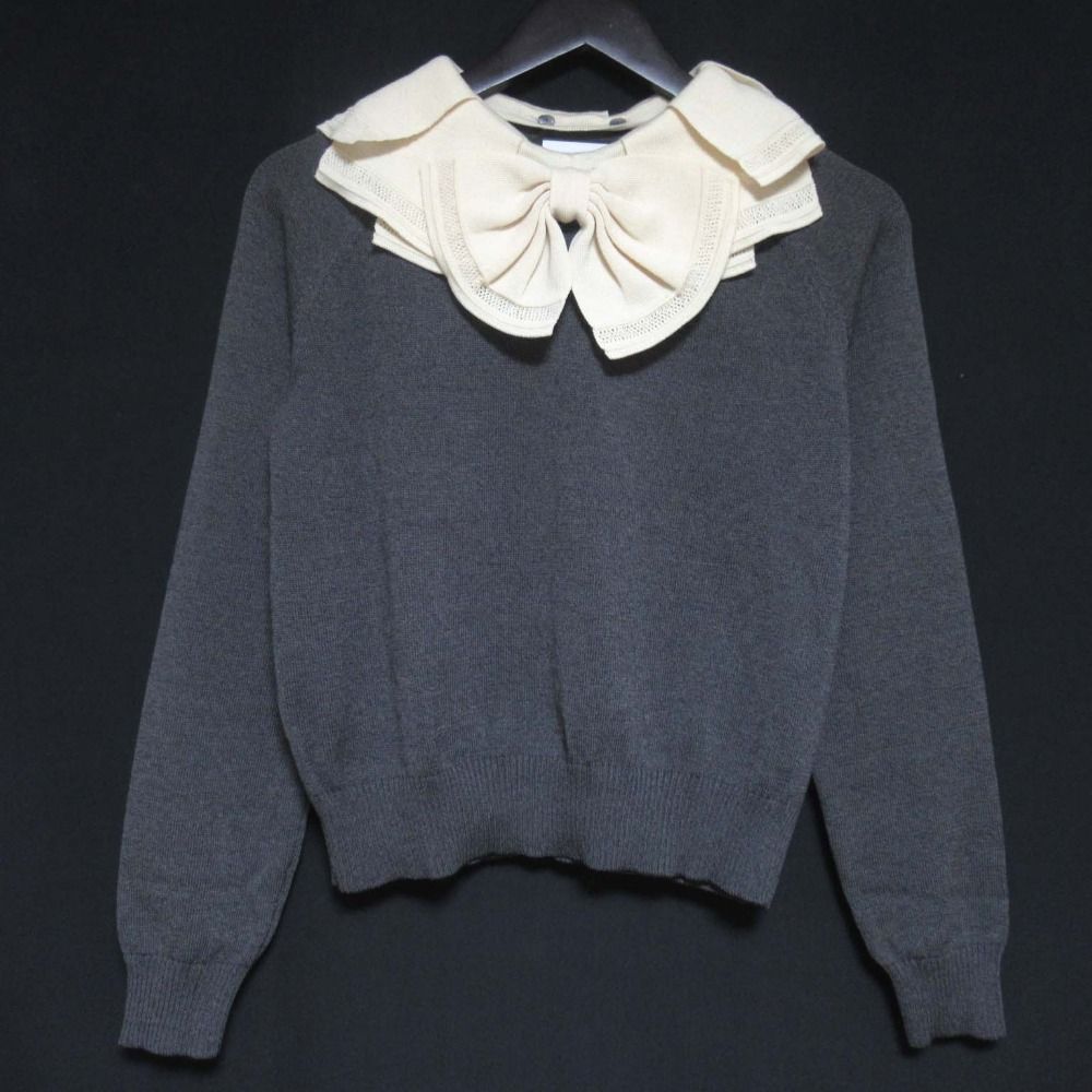 23AW SEVEN TEN by miho kawahito セブンテン タックフリルリボンニットブラウス カットソー 7A218 サイS グレー レディース 古着