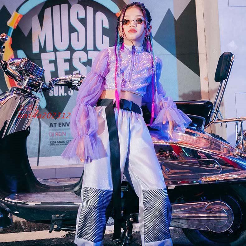 衣装 キッズ ヒップホップ ガール スパン紫の 花スリーブ 演奏会 韓国 練習着 応援団 HIPHOP ジャズ へそ出し ショーツ kni4a202512