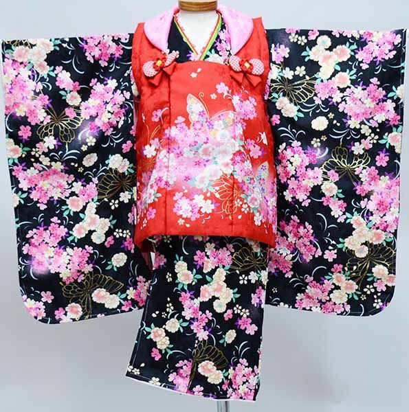 七五三 三歳 女児 被布着物フルセット 黒色×赤色 Kawaiina 百花繚乱
