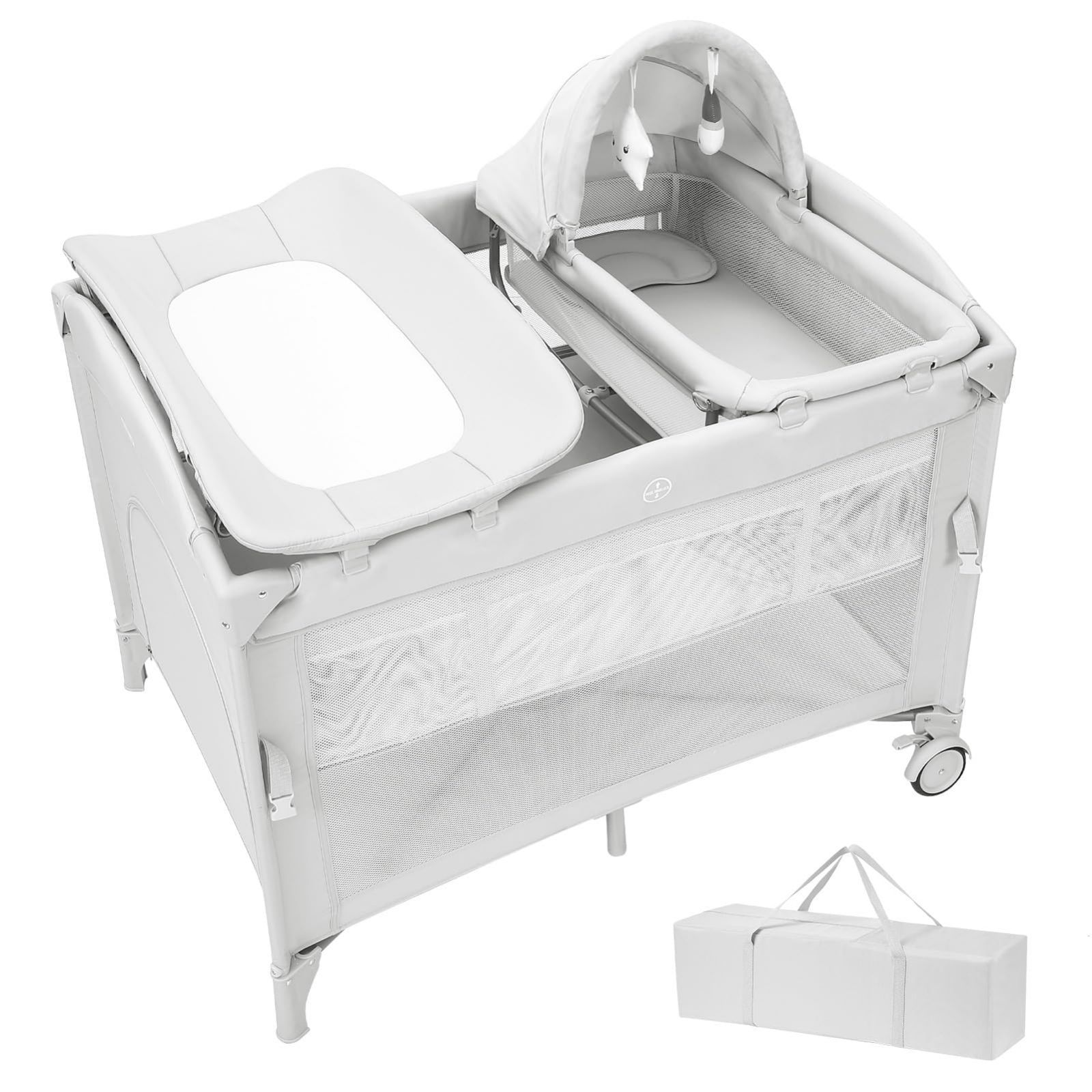 Thinkmax ベビーベッド 折りたたみ 添い寝 揺りかご おむつ交換台 プレイヤード マットレス付き ベビーサークル キャスター クーファン 赤ちゃんベッド クーファン 長く使える プレゼント 出産祝い グレー