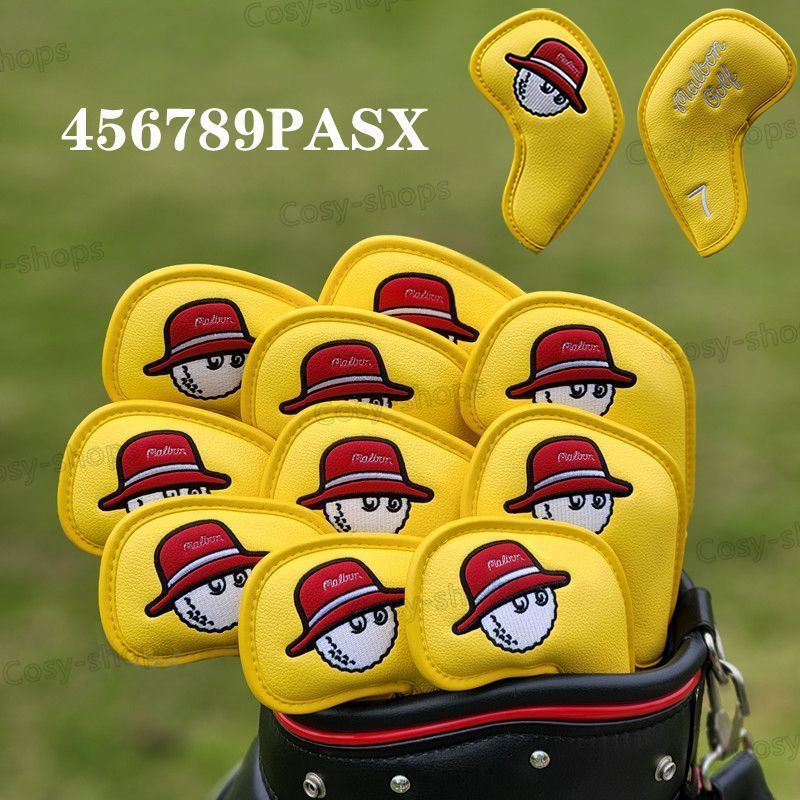 Malbon ゴルフ クラブ カバー golf アイアンセット ゴルフヘッド 保護カバー 10点セット イエロー