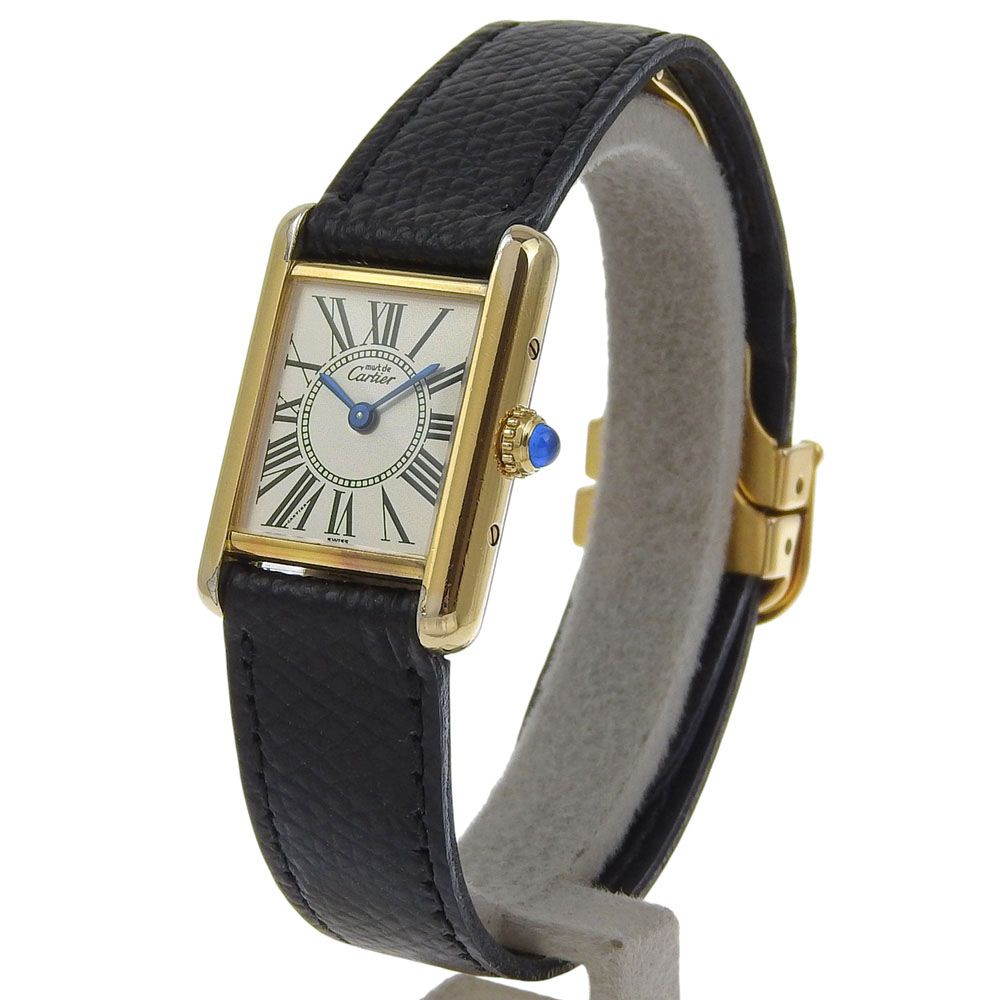 CARTIER カルティエ マストタンクSM ヴェルメイユ cal.057 シルバー925×レザー ゴールド クオーツ アナログ表示 レディース 白文字盤 腕時計