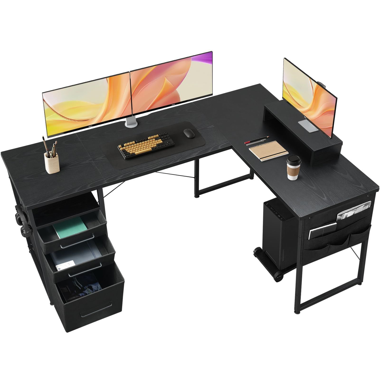 【新着商品】デスク 勉強机 引き出し付き コーナーデスク コーナーデスク ワークデスク pcデスク 幅160cm×奥行112cm 机 左右入替可 l字デスク 黑い Maihail