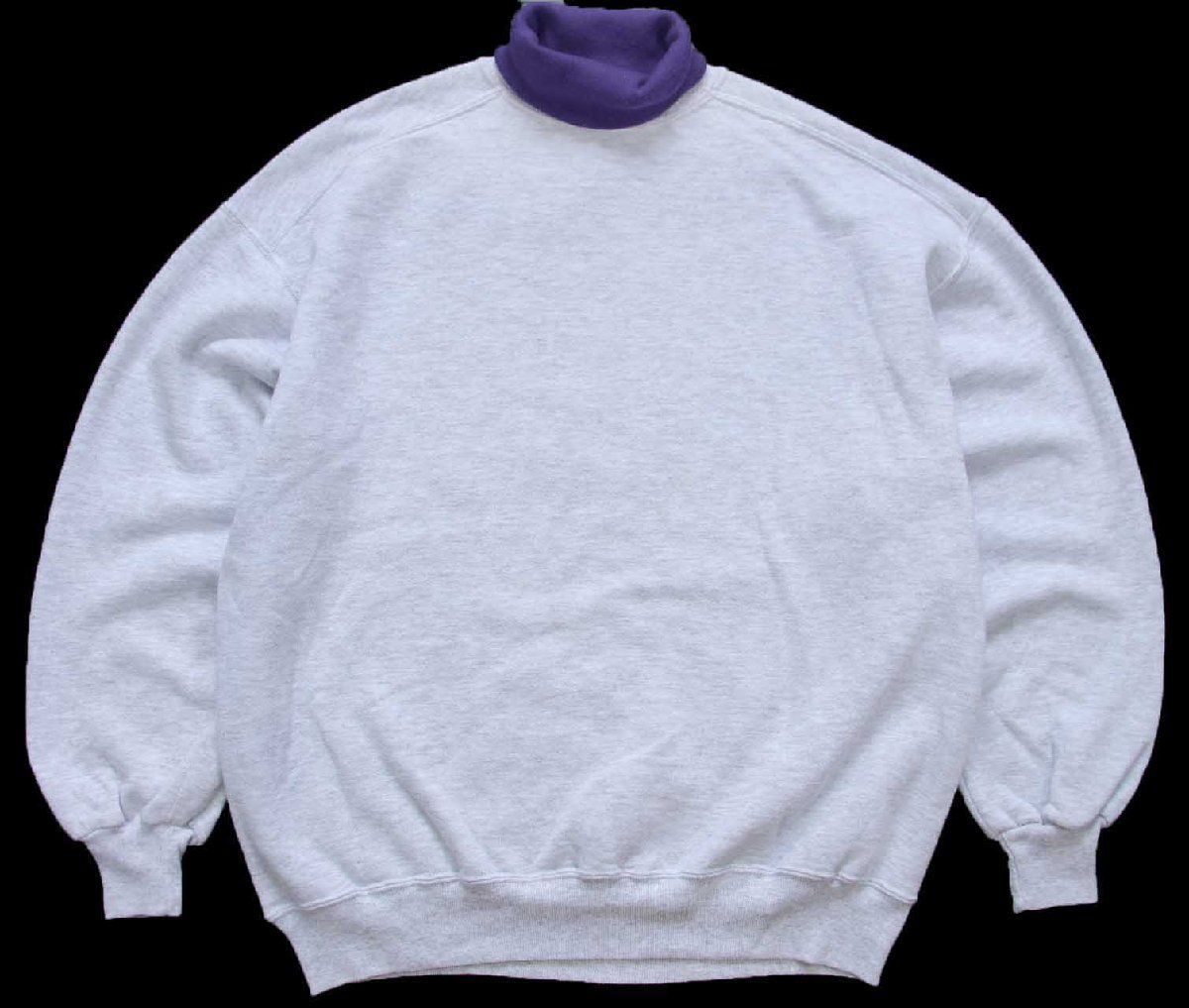90s JERZEES 無地 タートルネック スウェット 杢ライトグレー×紫 XL ブランク RUSSELLラッセル オールド ビッグサイズ