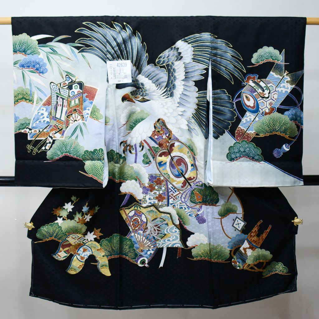 お宮参り 産着 のしめ 男児 男の子 正絹 綸子地 豪華絢爛 黒地 鷹 祝着 一つ身 掛け着 熨斗目 NO42639