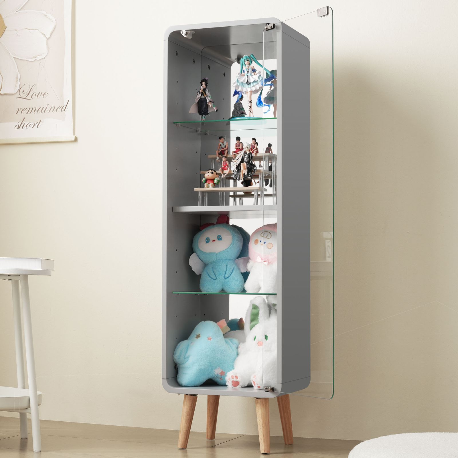 ガラスディスプレイキャビネット 4段 高さ調節可能 背面ミラー付き