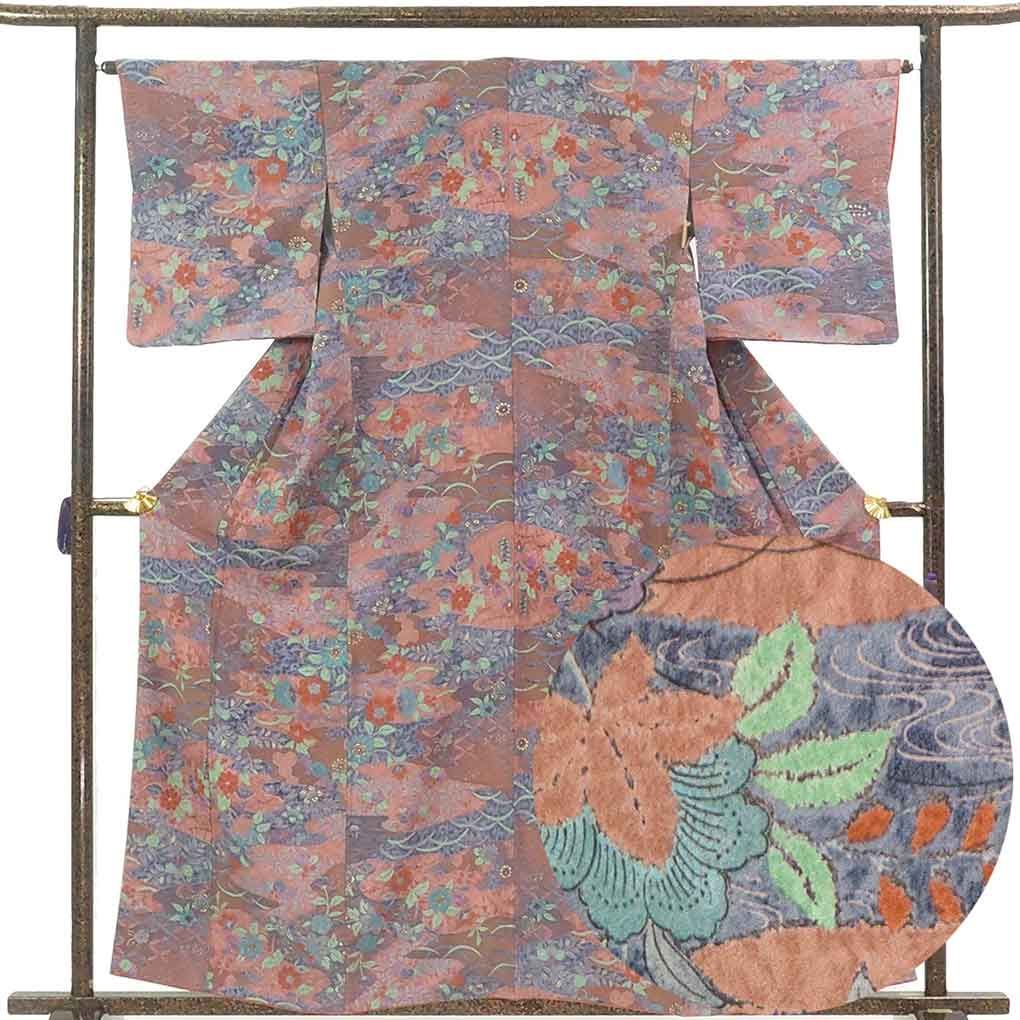 小紋 身丈159cm 裄64cm 前幅24cm 後幅29cm 袖丈49cm 袖幅33cm レディース 袷 花柄 裄Mサイズ 秋冬春用 正絹 シルク ピンク リメイク リユース リサイクル 呉服のきくや