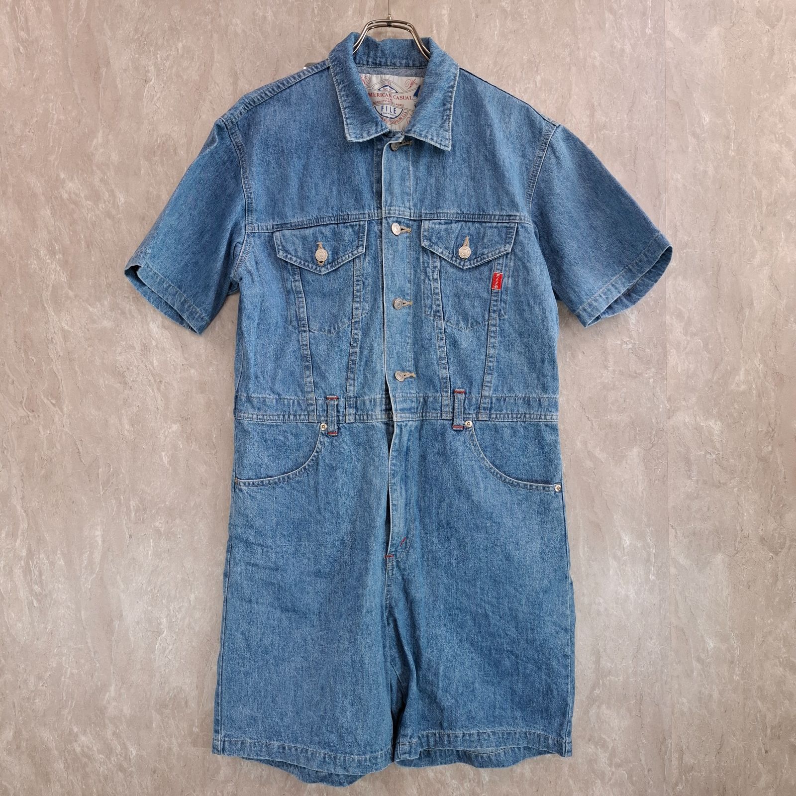 file from wrangler ラングラー ロゴタグ アクセント ブルー 青 レディース F つなぎ デニム ハーフ丈 半袖 半ズボン