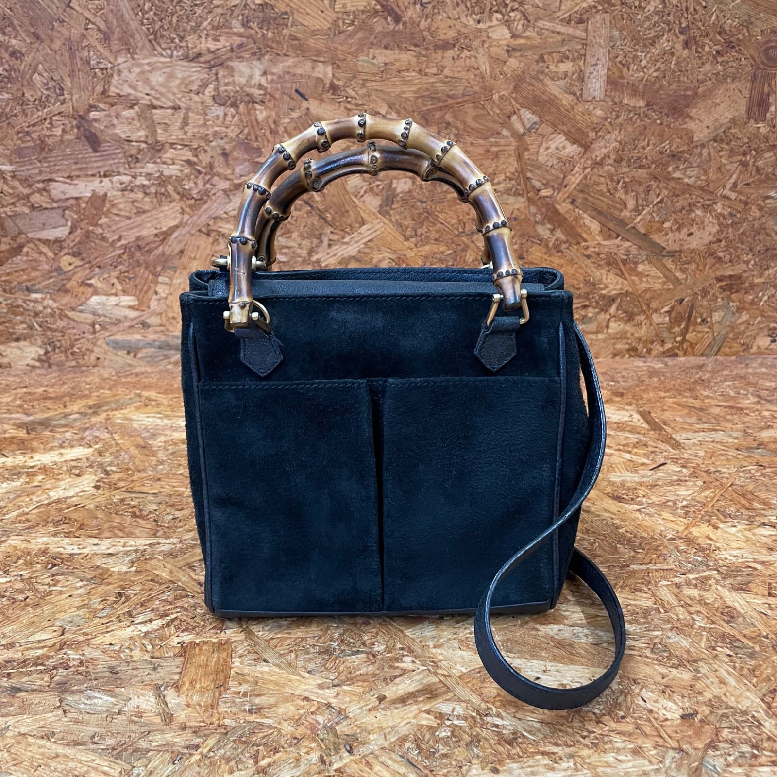 GUCCI オールドグッチ スエード ハンドバッグ バンブー ブラック×グレー GUCCI オールドグッチ スエード ハンドバッグ バンブー ブラック