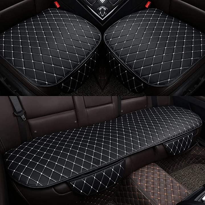 Kstyle cu0026b 車用 シートカバーセット 前座席用2枚+後部座席用1枚 座布団 シートクッション 座席シート 3枚組 前後座 PUレザー 簡単設置 竹炭 マット 通気 カー用品 脱とても簡単( ホワイトライ