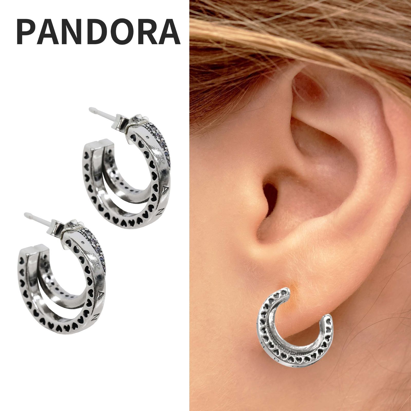 ☆【新品・正規品】ボックス・ショッパー付 PANDORA(パンドラ) ★パヴェ ダブルフープ ピアス★ カスタマイズアクセ スターリングシルバー シルバー925 ピアス ブランド アクセサリー