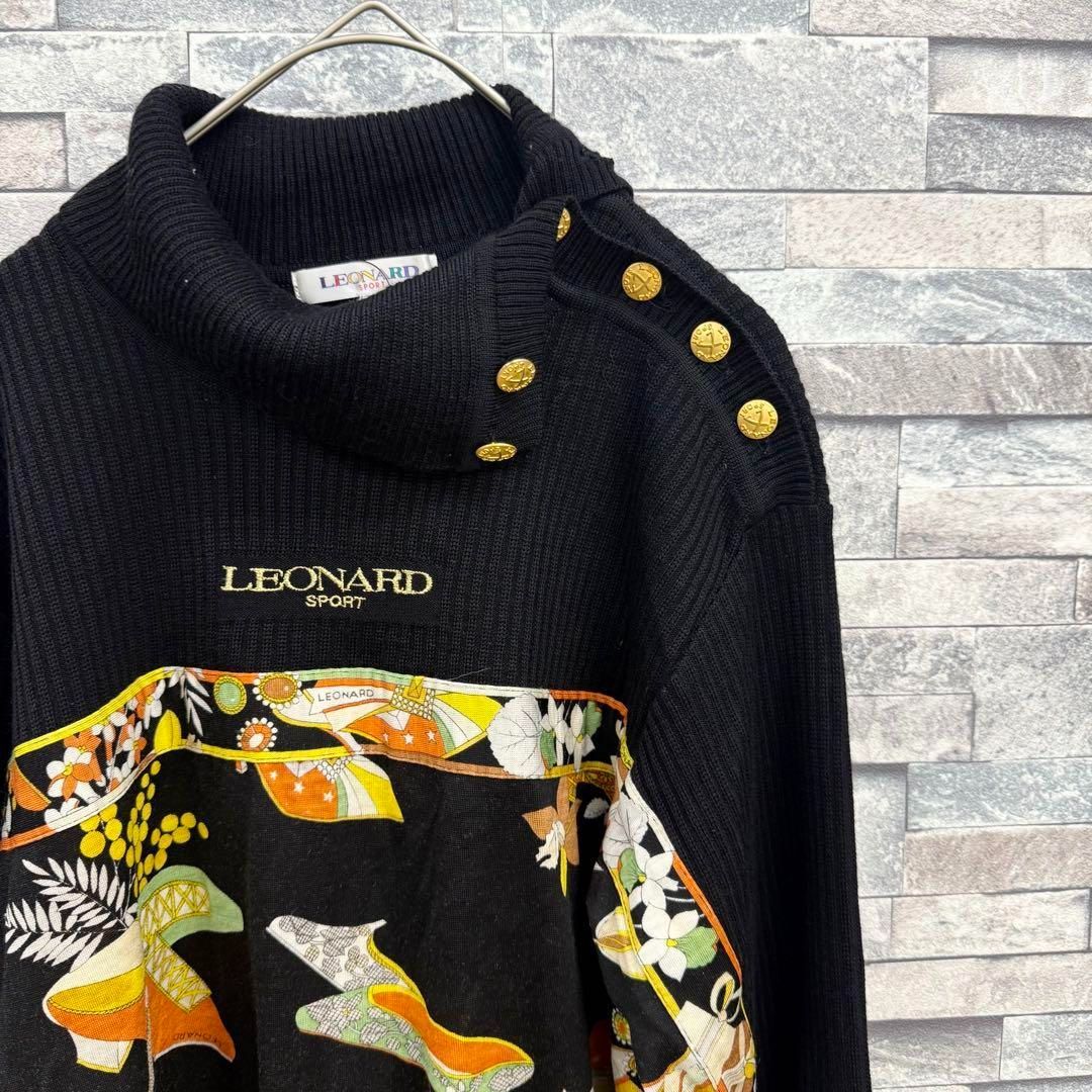 LEONARD レオナール ハイネックデザイン長袖ニットセーター 金ボタン花柄ウールカットソー トップス ブラック M