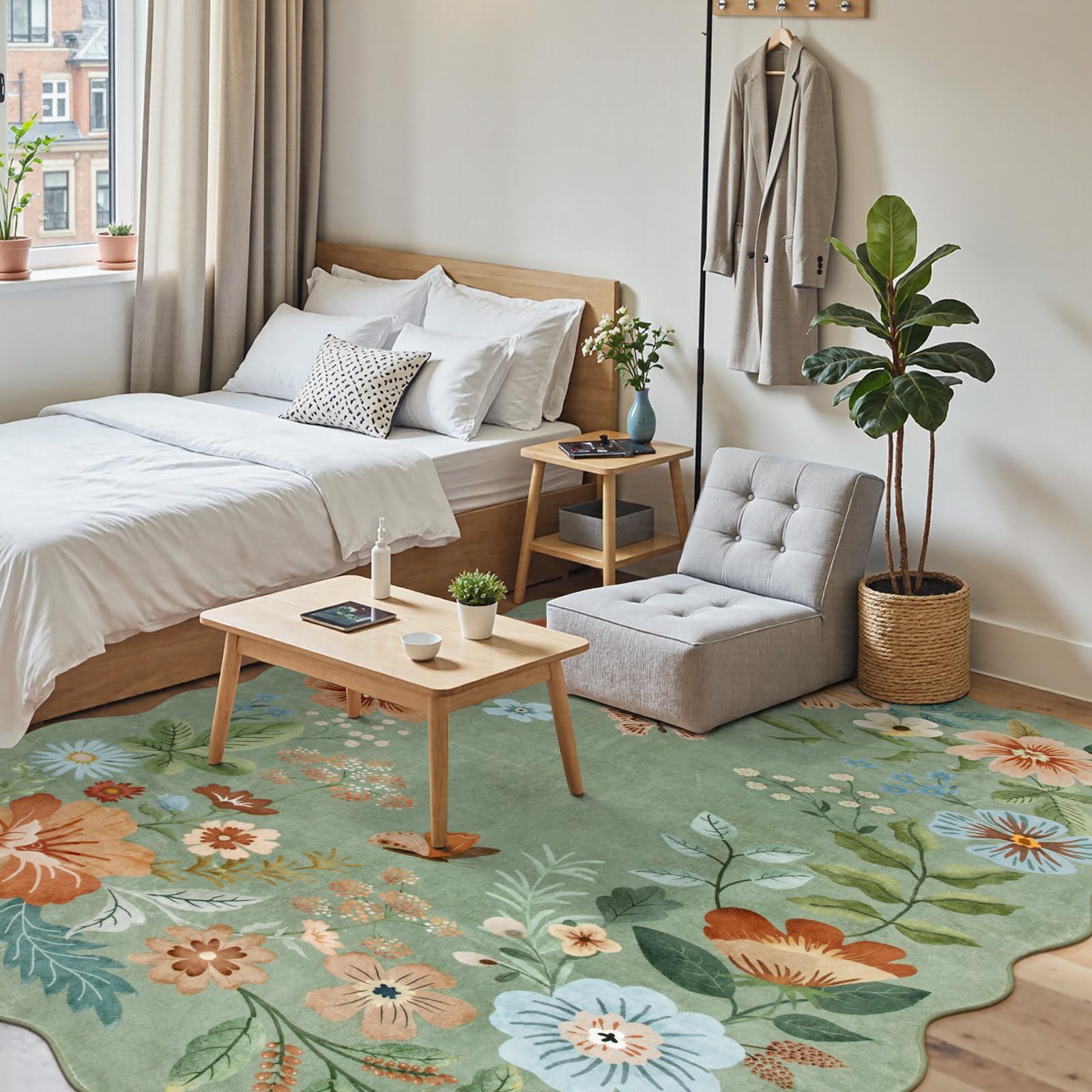 HAOCOO カーペット 洗える 200х250cm ラグ 3畳 夏 薄手 モダン ふわふわ 滑り止め 防音 抗菌防臭 室内用 正方形 ラグマット オールシーズン適用 蝶 動物 花柄 セージグリーン WWW_OLIVIERBERNSTEIN_COM