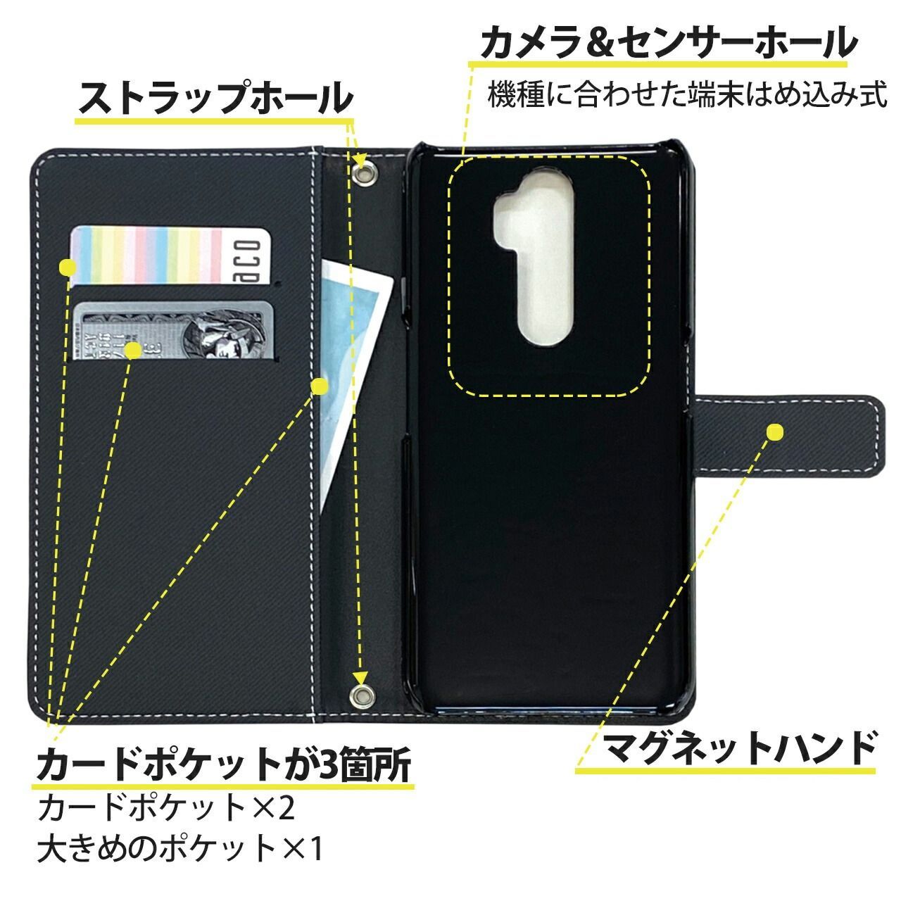 Softbank HAWKS 正規品 AQUOS sense2 SH-M08 ケース 手帳型 スマホケース [デザイン:7.和波ホークス(bk)/マグネットハンドあり] 福岡 ソフトバンク ホークス パターン グッズ