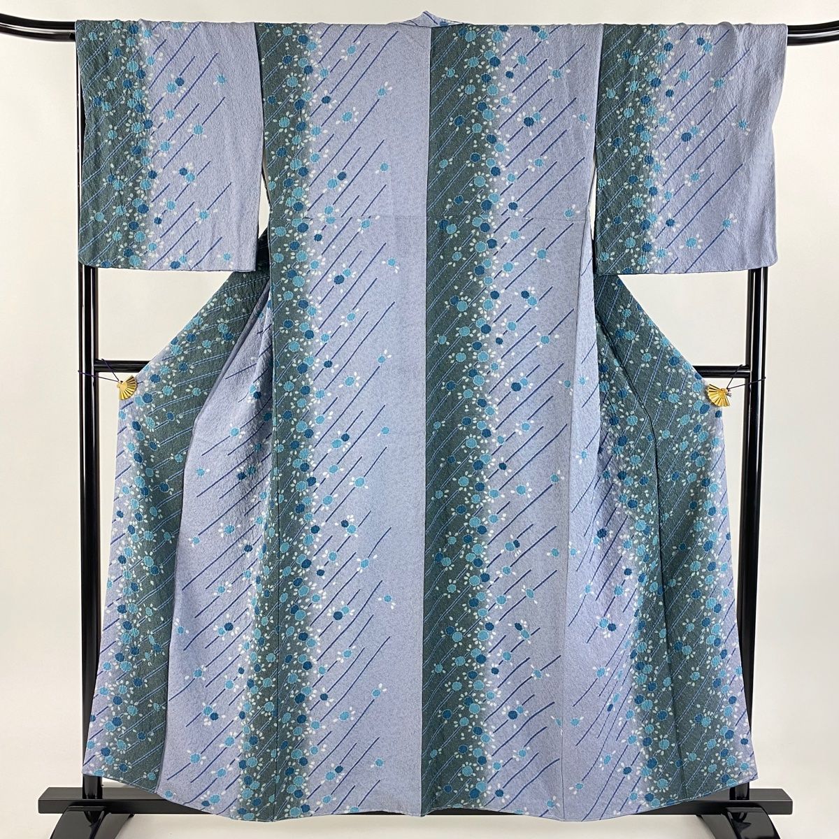 小紋 身丈158cm 裄丈68cm L 袷 花 斜縞 金通し 絞り 青灰色 正絹