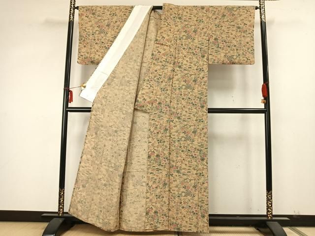 平和屋着物▽上質な小紋 単衣 型染め 草花文 正絹 逸品 AABA7519fy