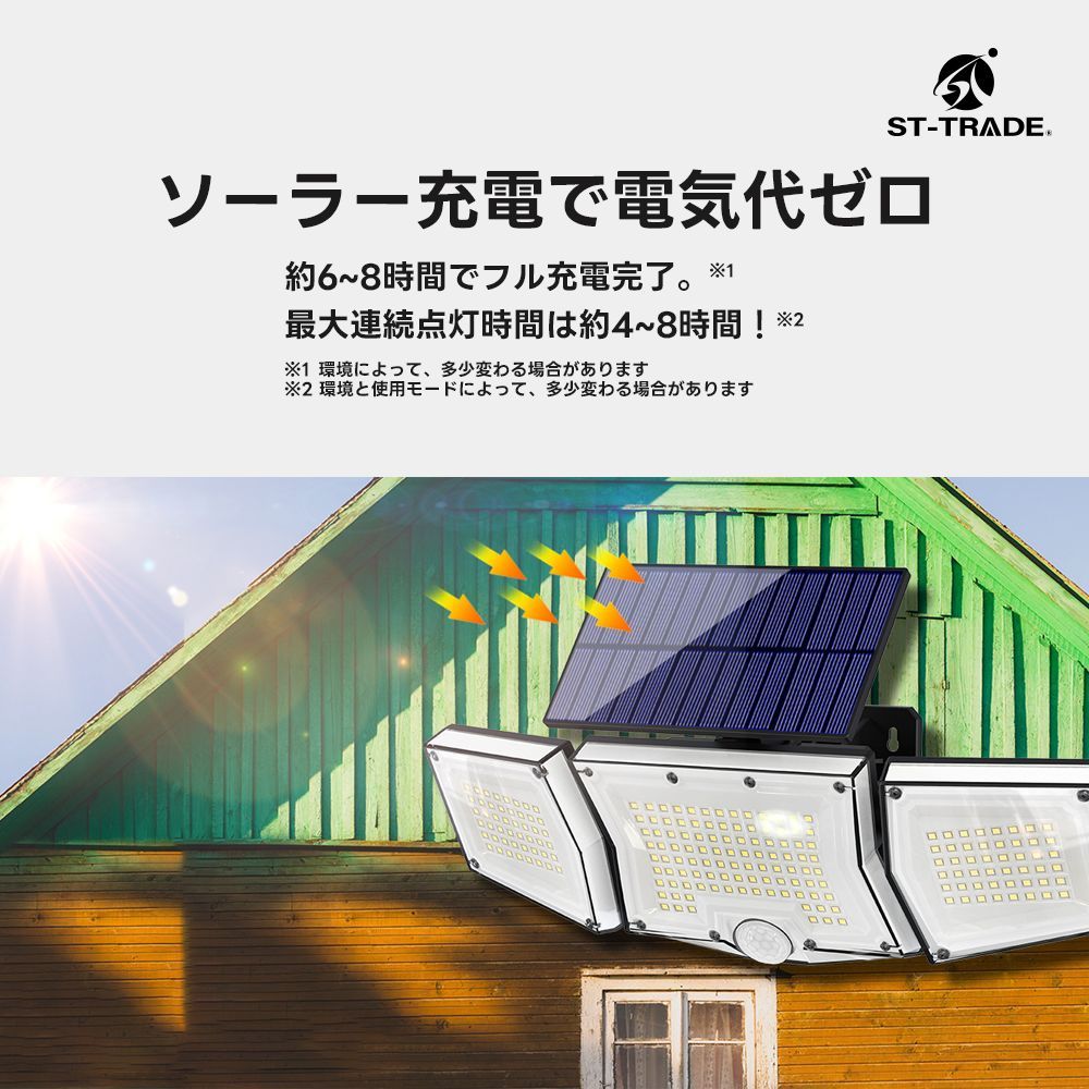 4つ照明モード ソーラー 600W 屋外 センサーライト 街灯 人感