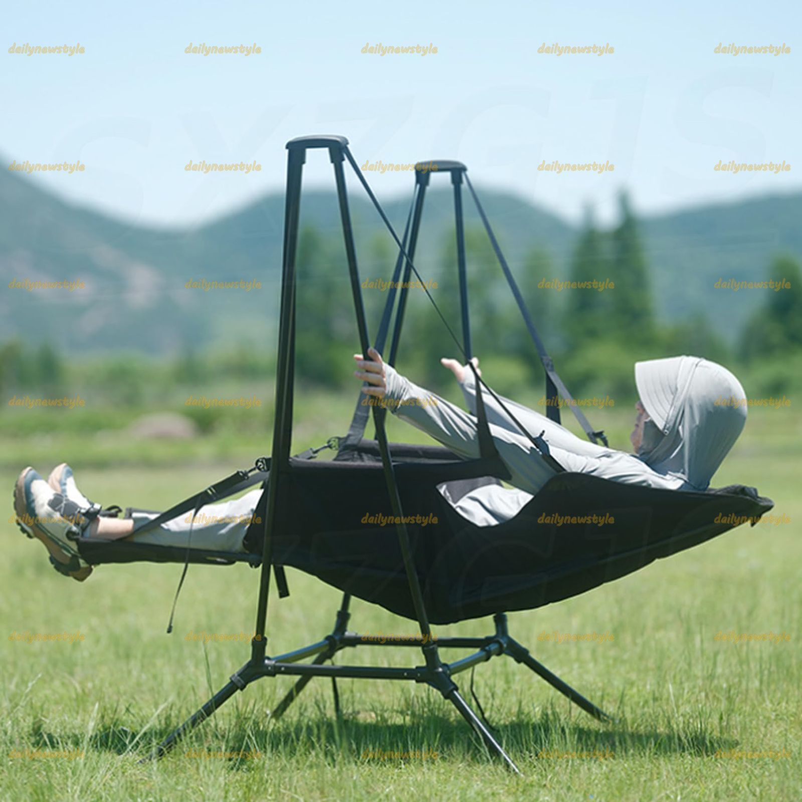人気推薦◆ハンモックチェア 折り畳み 屋外用 キャンプ ロッキングチェア アウトドア チェア リクライニング 耐荷重150kg ゆらゆら 自立式 室内 仮眠 昼寝 枕付き 軽量 キャンプコット ロッキングベッド 庭園 レジャー 組立不要